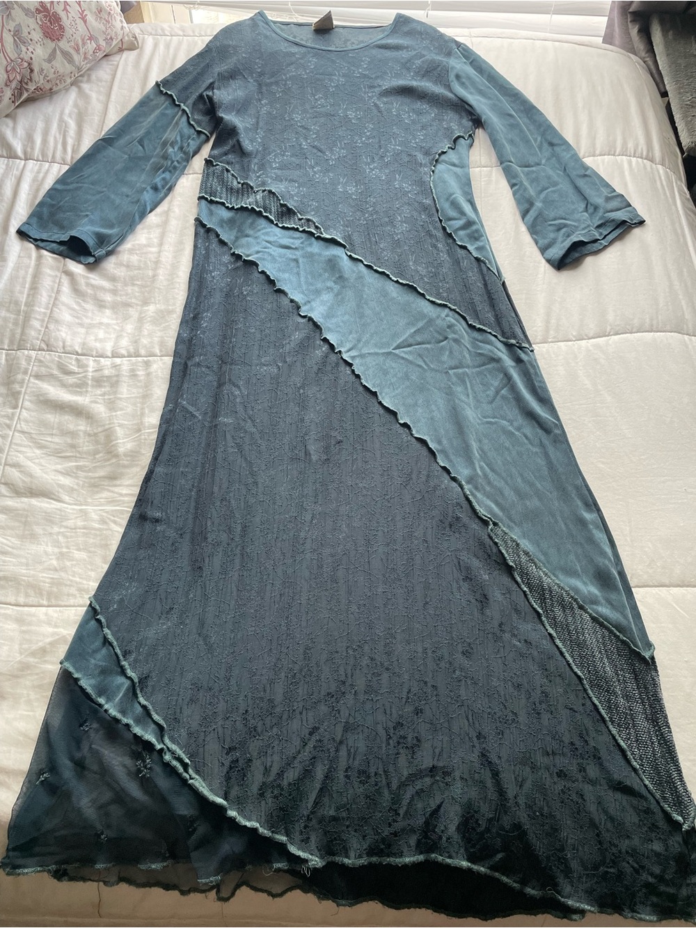 Vintage Dark Teal Floral Jacquard Patchwork‎ Maxi Dress Medium Fairy Whimsical